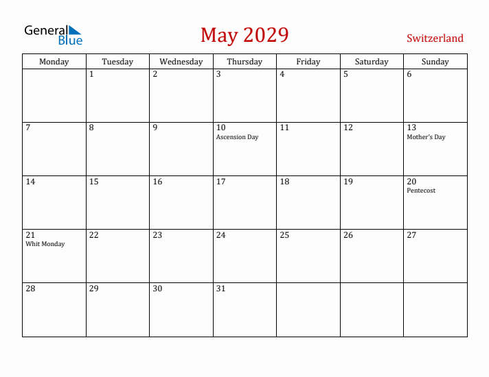 Switzerland May 2029 Calendar - Monday Start