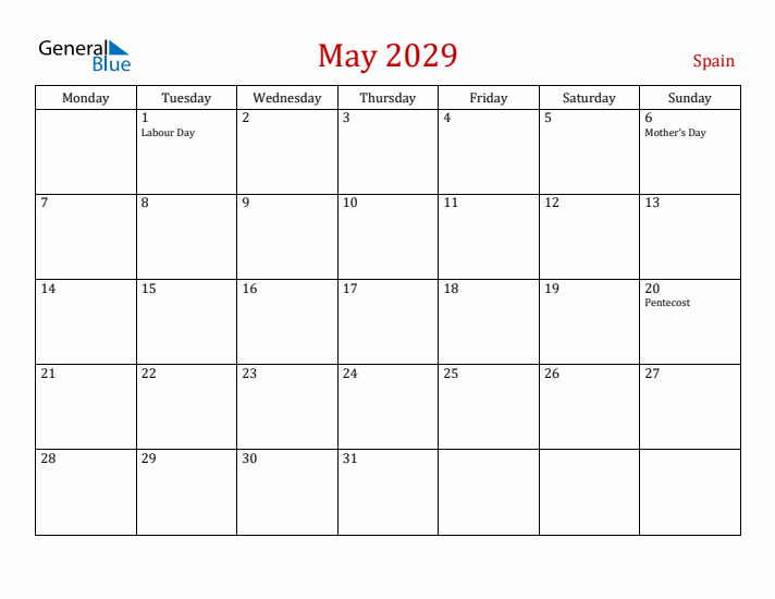 Spain May 2029 Calendar - Monday Start