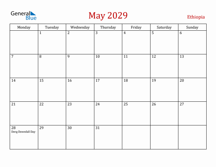 Ethiopia May 2029 Calendar - Monday Start