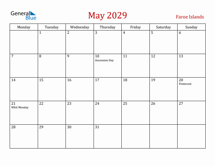 Faroe Islands May 2029 Calendar - Monday Start