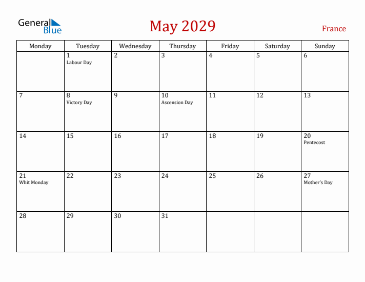 France May 2029 Calendar - Monday Start