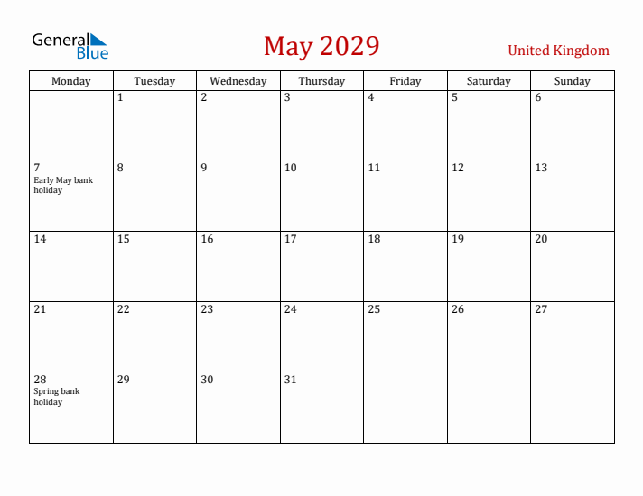 United Kingdom May 2029 Calendar - Monday Start