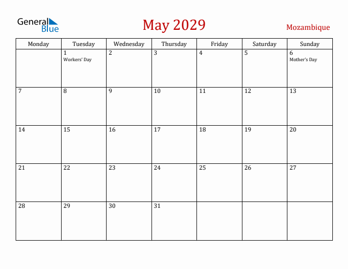 Mozambique May 2029 Calendar - Monday Start