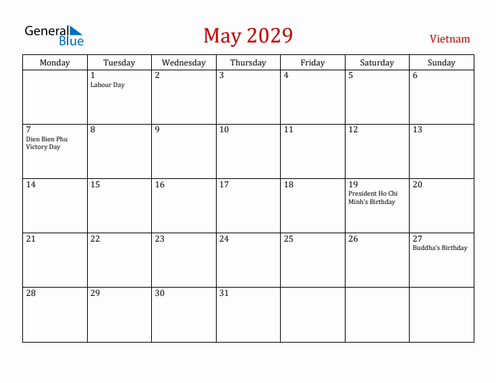 Vietnam May 2029 Calendar - Monday Start