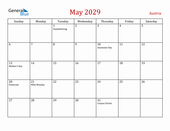 Austria May 2029 Calendar - Sunday Start