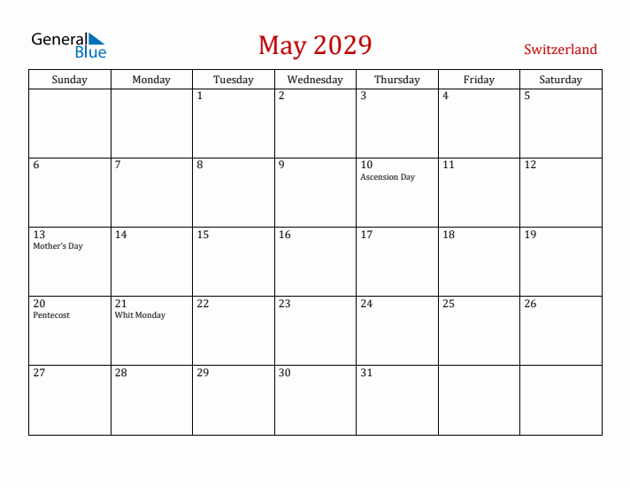 Switzerland May 2029 Calendar - Sunday Start