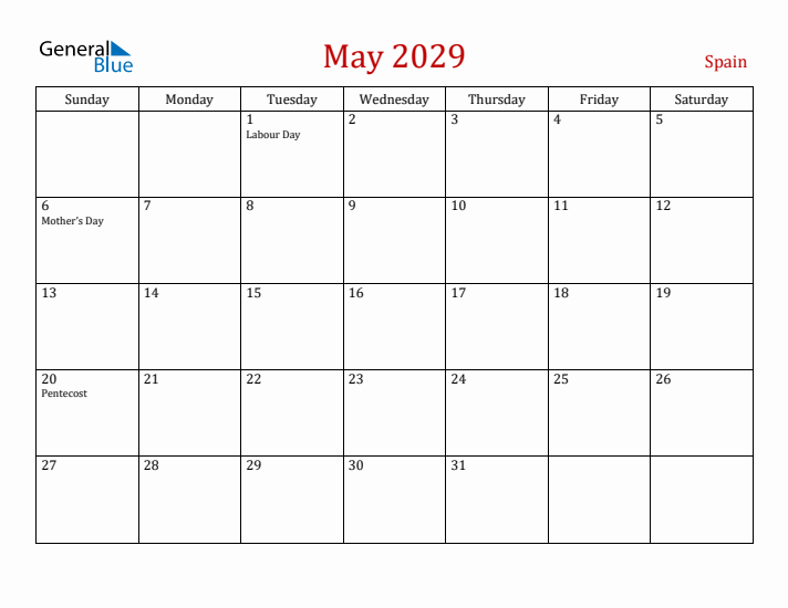 Spain May 2029 Calendar - Sunday Start