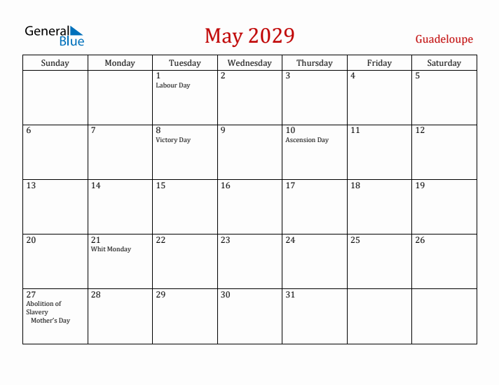 Guadeloupe May 2029 Calendar - Sunday Start