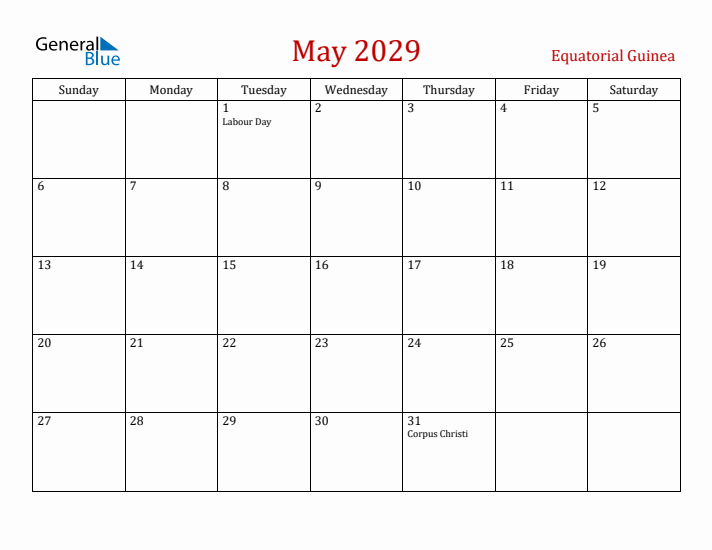 Equatorial Guinea May 2029 Calendar - Sunday Start