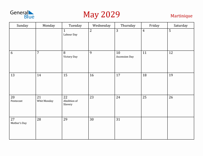 Martinique May 2029 Calendar - Sunday Start