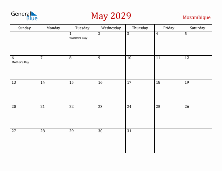 Mozambique May 2029 Calendar - Sunday Start