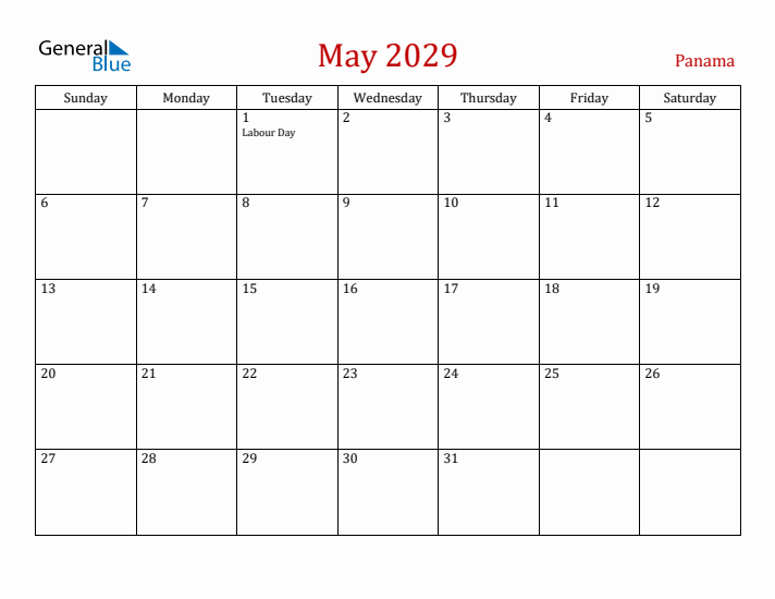 Panama May 2029 Calendar - Sunday Start