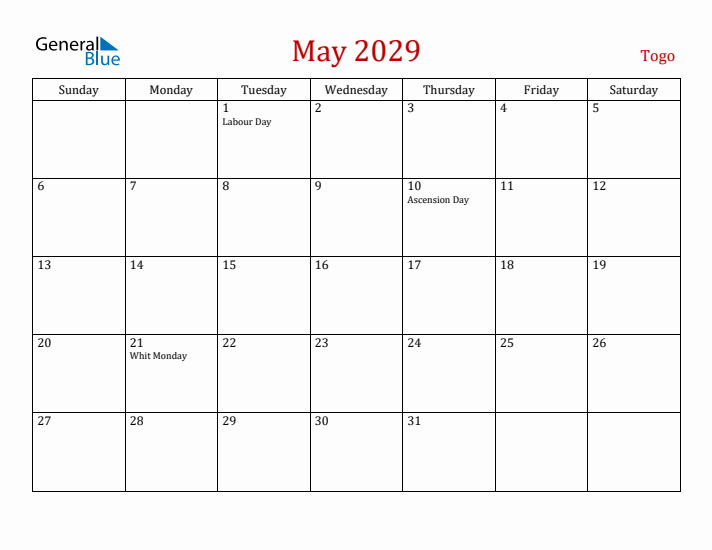 Togo May 2029 Calendar - Sunday Start