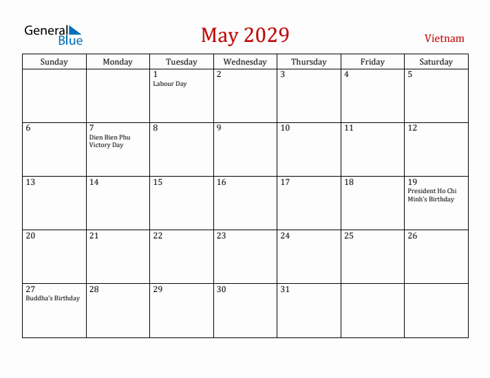 Vietnam May 2029 Calendar - Sunday Start