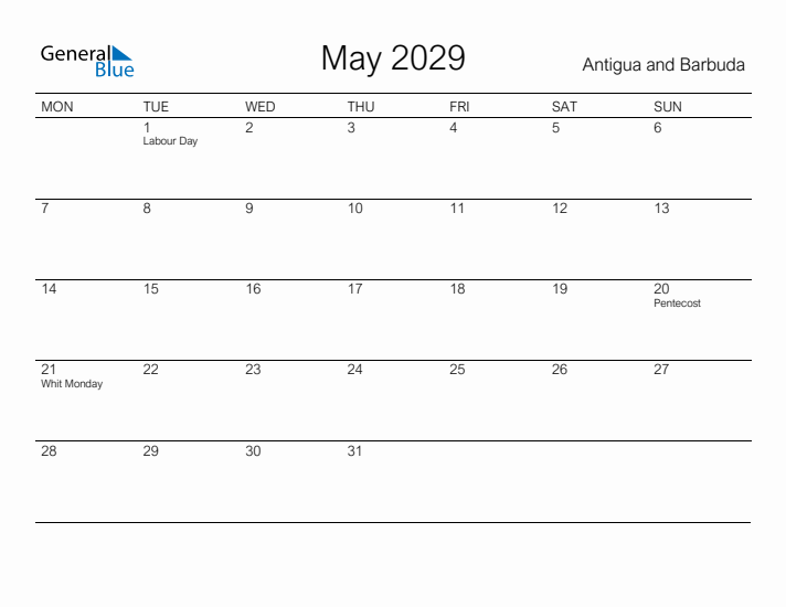 Printable May 2029 Calendar for Antigua and Barbuda