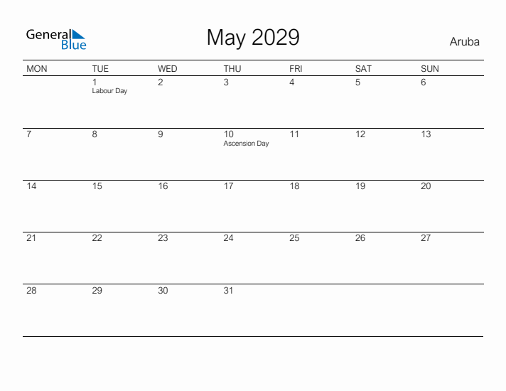 Printable May 2029 Calendar for Aruba