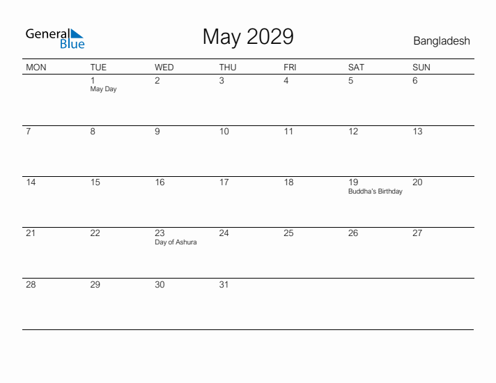 Printable May 2029 Calendar for Bangladesh