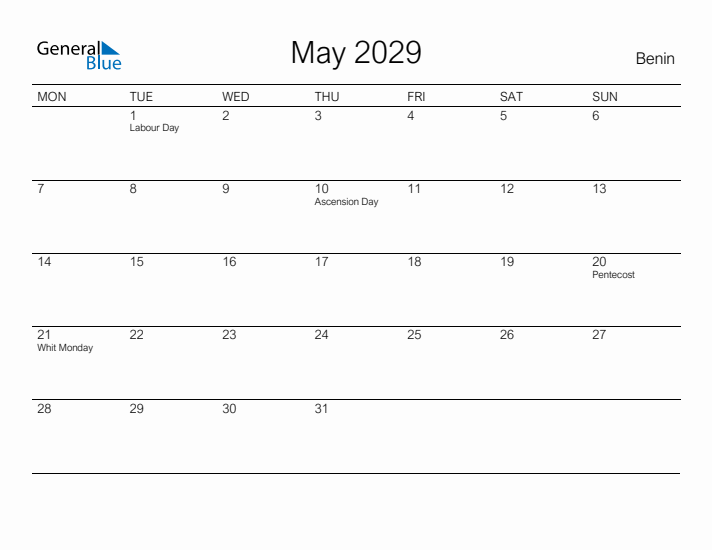 Printable May 2029 Calendar for Benin