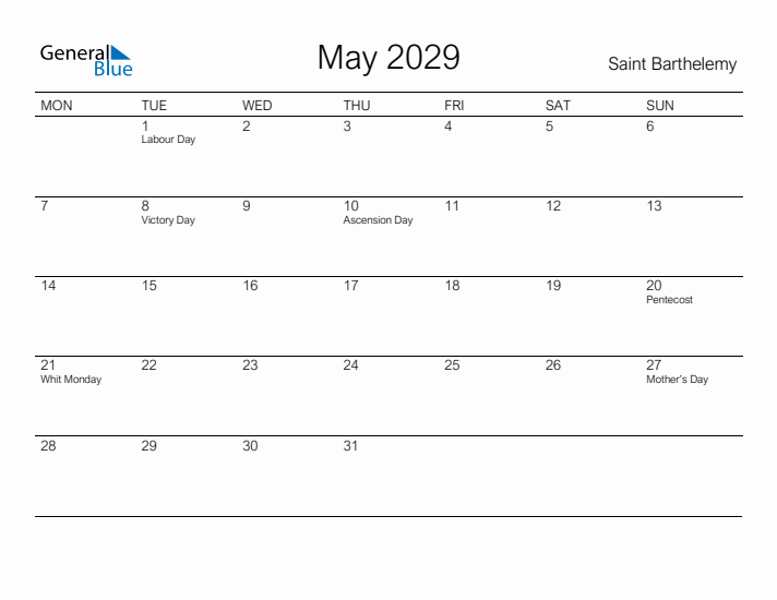 Printable May 2029 Calendar for Saint Barthelemy