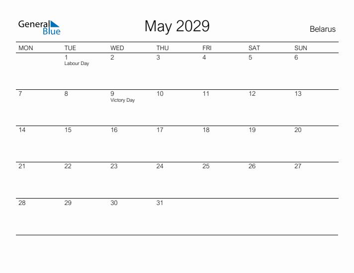 Printable May 2029 Calendar for Belarus