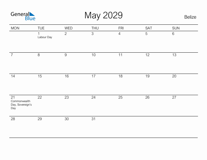 Printable May 2029 Calendar for Belize