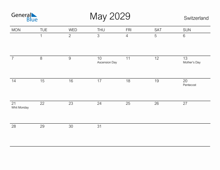 Printable May 2029 Calendar for Switzerland