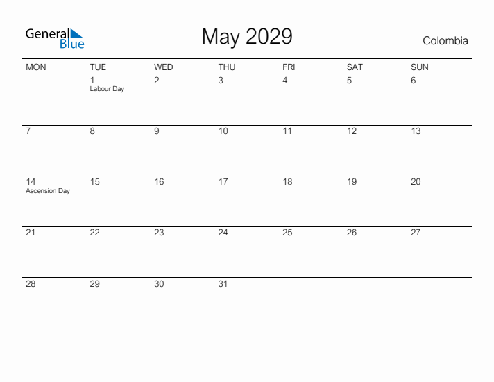 Printable May 2029 Calendar for Colombia