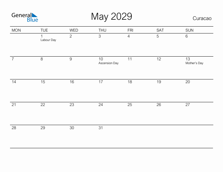 Printable May 2029 Calendar for Curacao