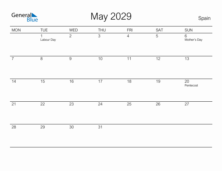 Printable May 2029 Calendar for Spain