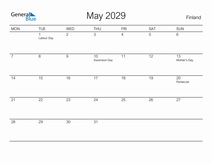 Printable May 2029 Calendar for Finland