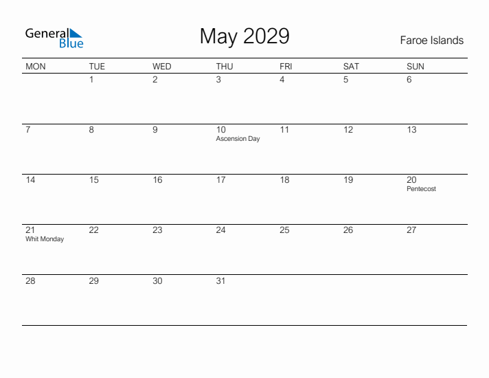 Printable May 2029 Calendar for Faroe Islands