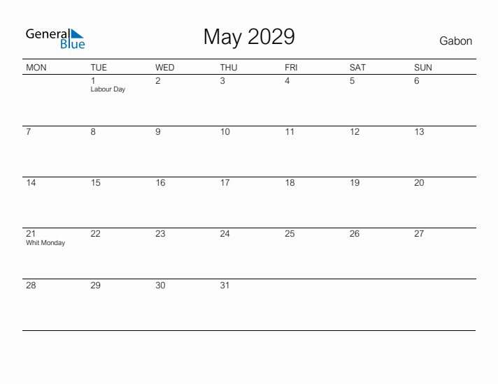 Printable May 2029 Calendar for Gabon