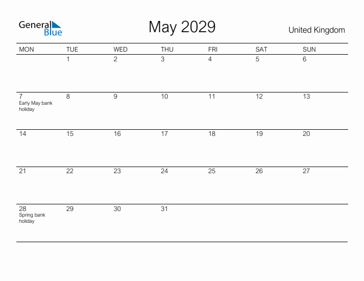 Printable May 2029 Calendar for United Kingdom