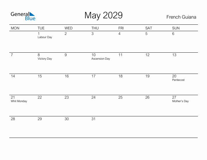 Printable May 2029 Calendar for French Guiana