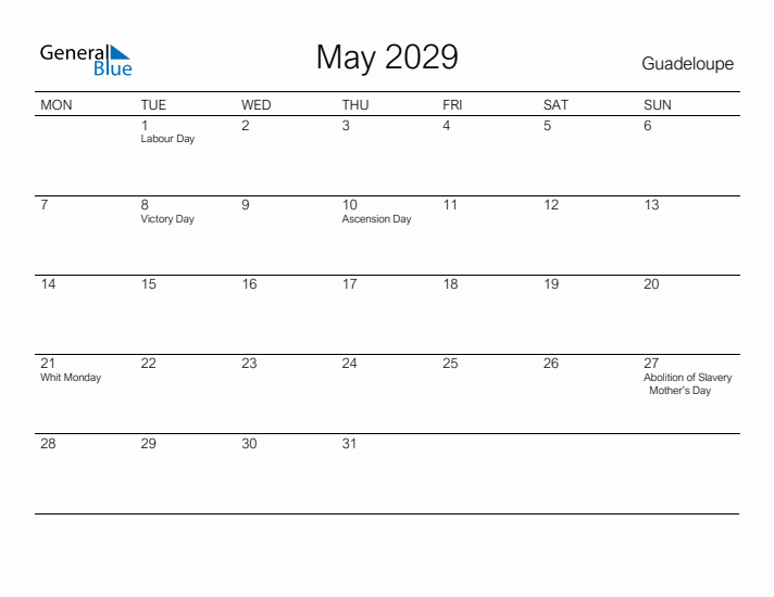 Printable May 2029 Calendar for Guadeloupe