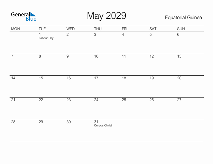 Printable May 2029 Calendar for Equatorial Guinea