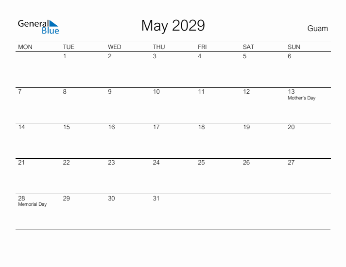 Printable May 2029 Calendar for Guam