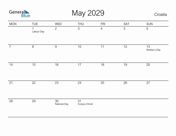 Printable May 2029 Calendar for Croatia