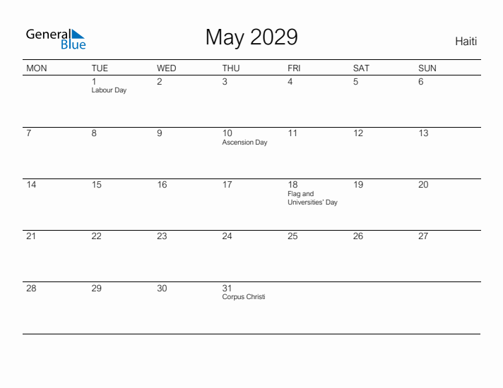 Printable May 2029 Calendar for Haiti