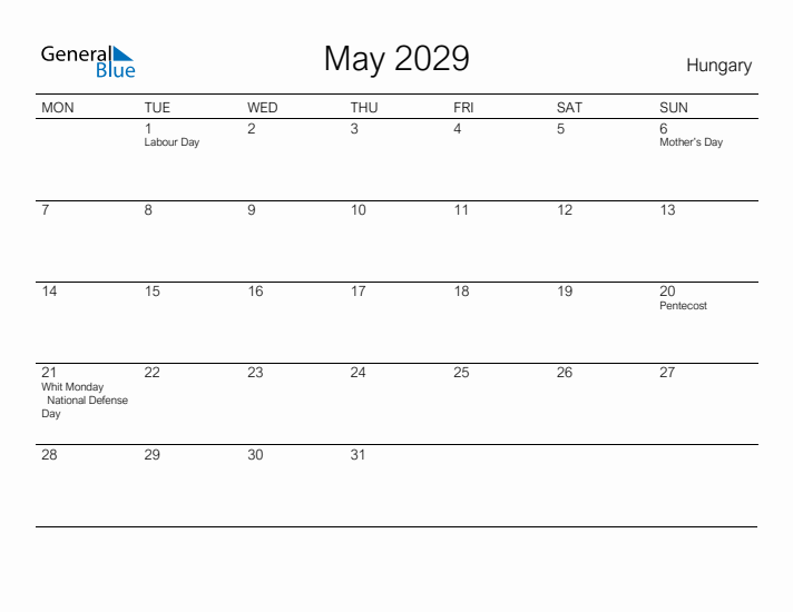 Printable May 2029 Calendar for Hungary