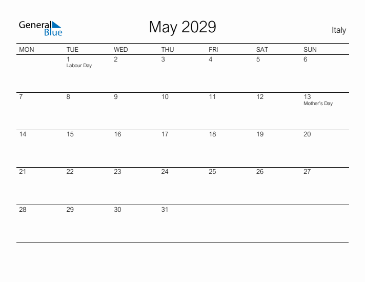 Printable May 2029 Calendar for Italy