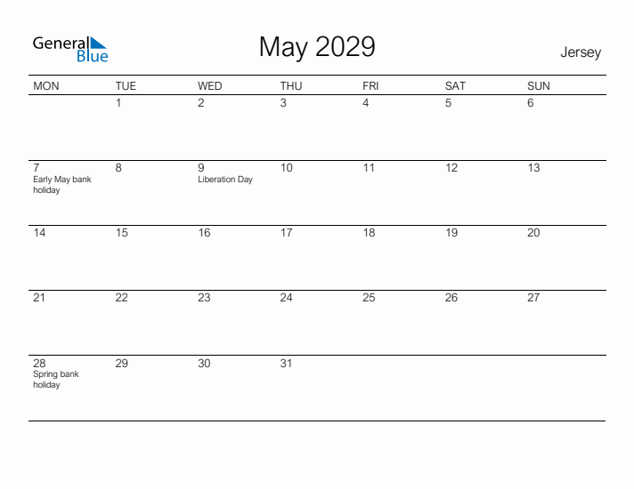 Printable May 2029 Calendar for Jersey