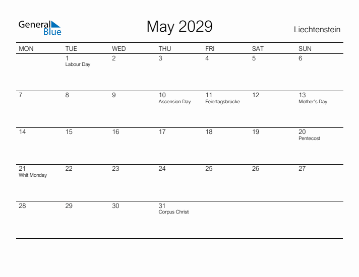 Printable May 2029 Calendar for Liechtenstein