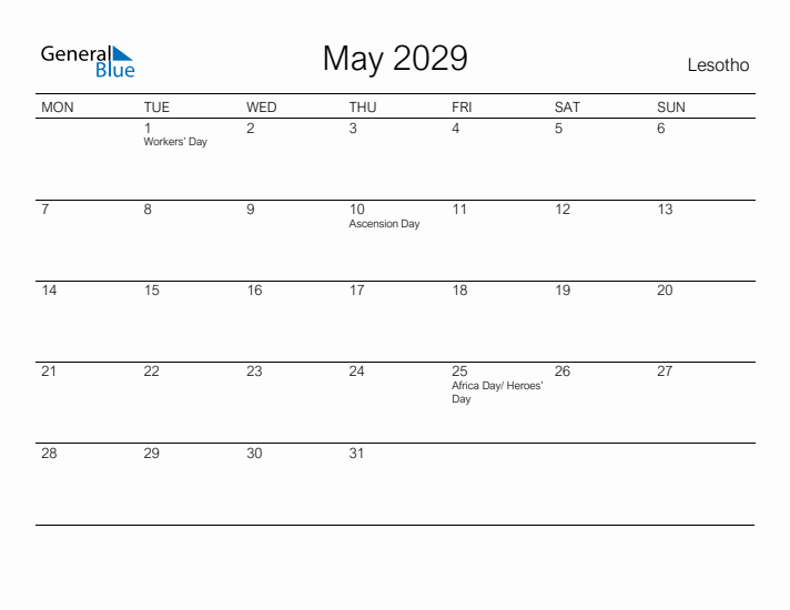 Printable May 2029 Calendar for Lesotho