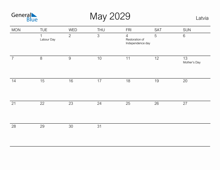 Printable May 2029 Calendar for Latvia