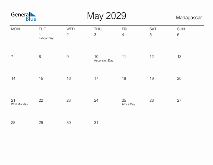 Printable May 2029 Calendar for Madagascar