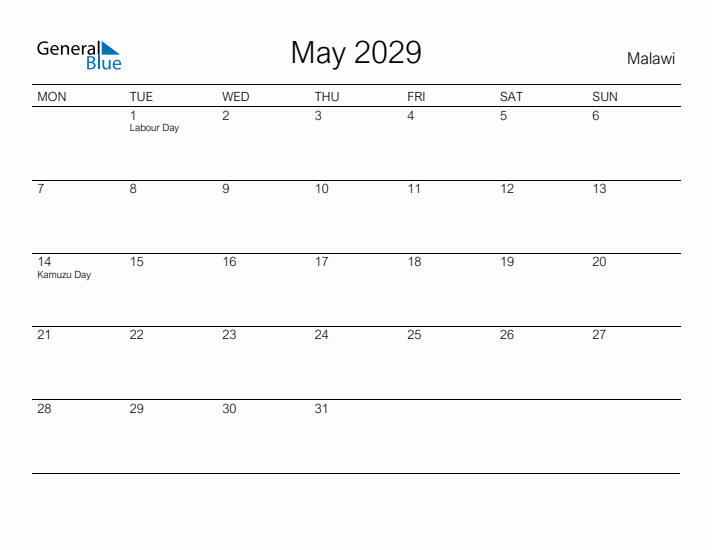 Printable May 2029 Calendar for Malawi