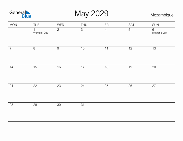 Printable May 2029 Calendar for Mozambique