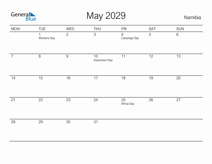 Printable May 2029 Calendar for Namibia