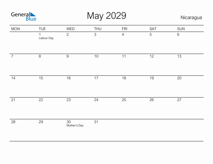 Printable May 2029 Calendar for Nicaragua